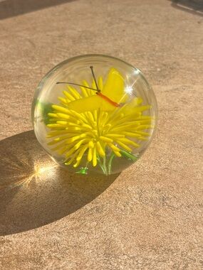 Glass Paperweight with Yellow Flower and Butterfly